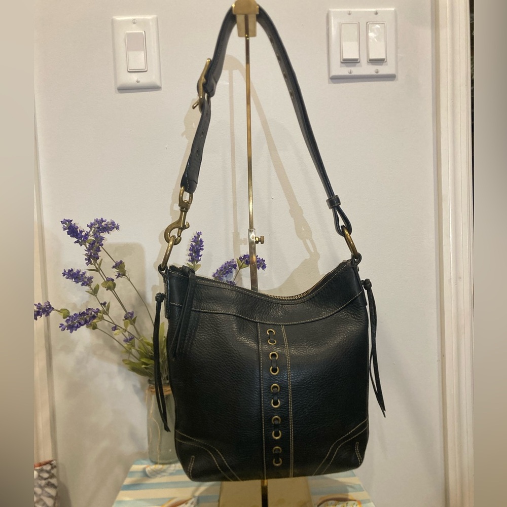 Vintage Coach Chelsea 10399 Black Pebbled Leather Duffle  Bag Y2K Purse - Picture 2 of 7